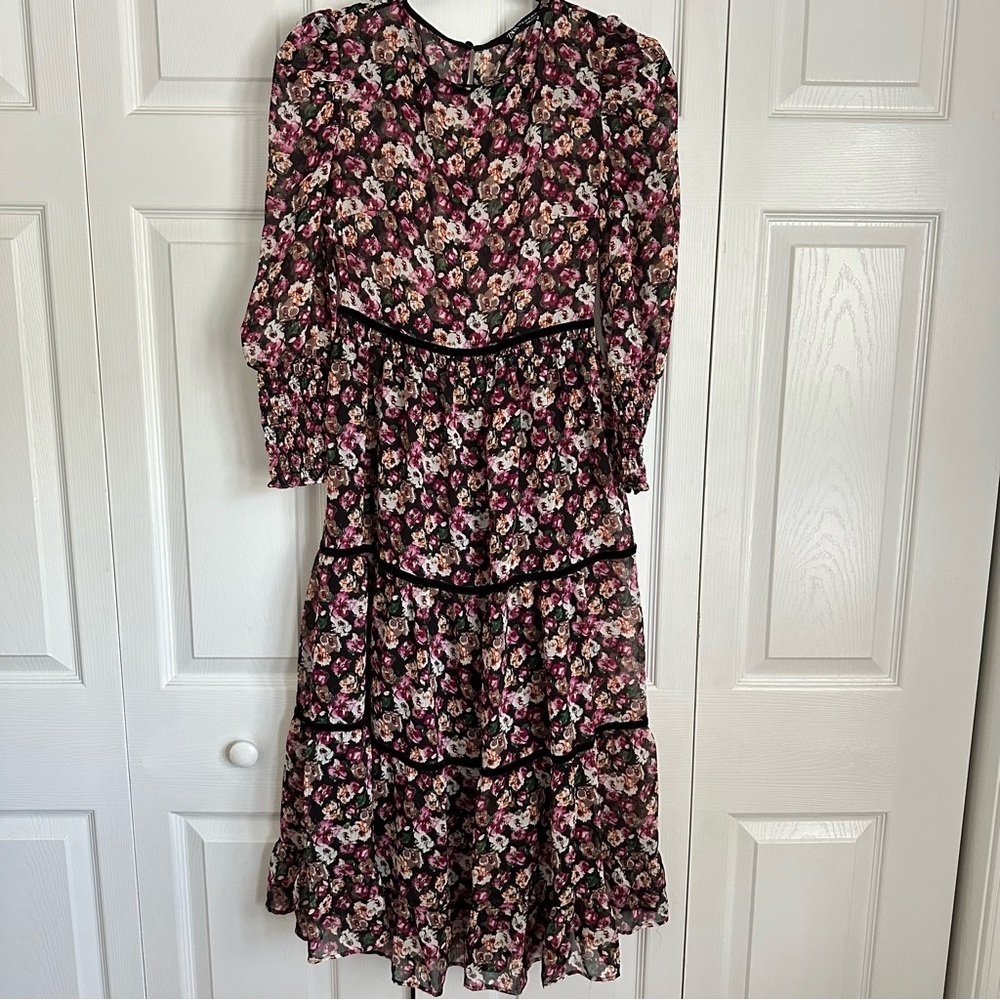 Zara Tiered Smocked Floral Velvet Trim Womens XS Midi Dress Grandmillennial Boho